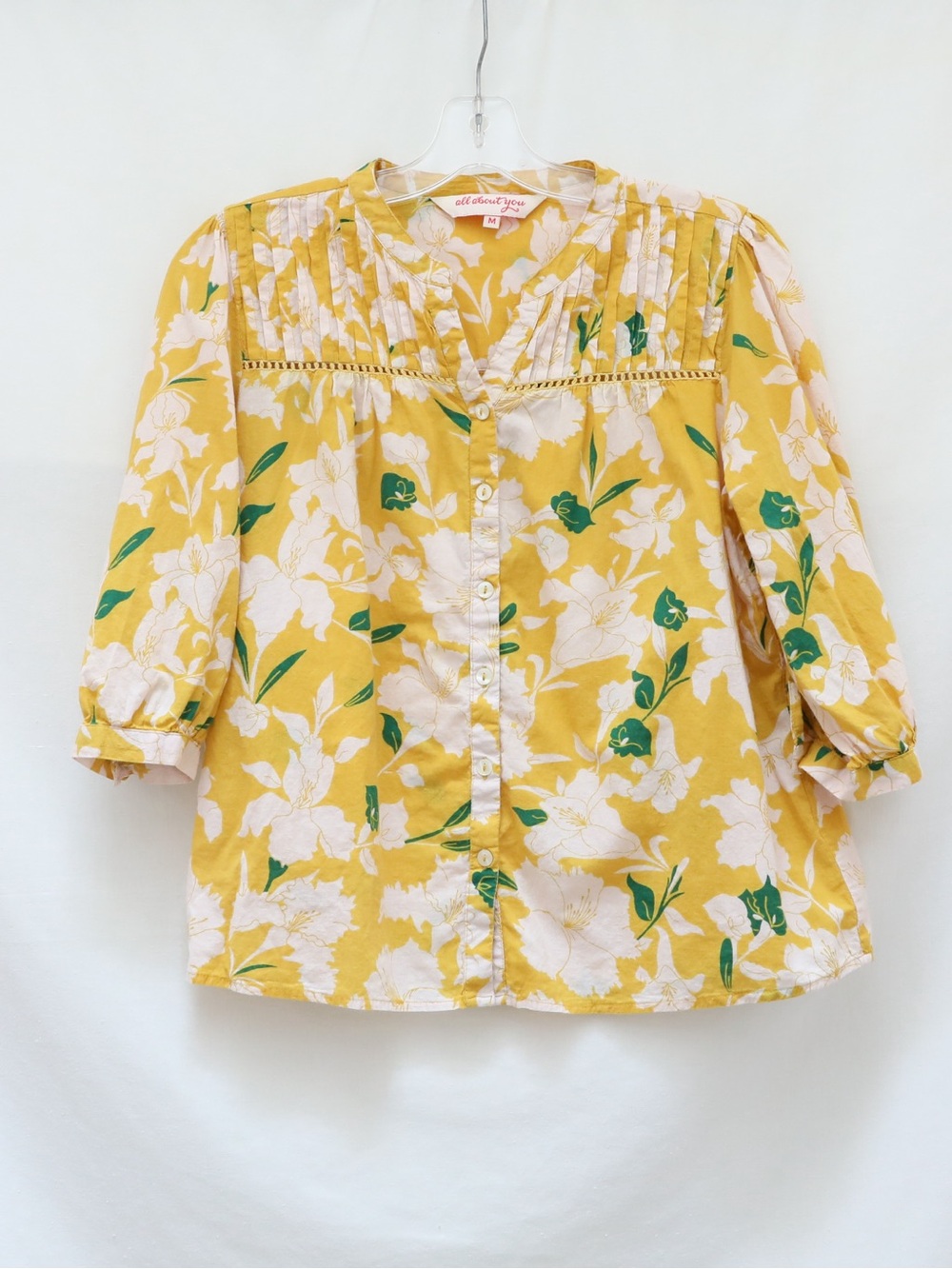 All About You yellow floral Peasant Top Bohemian Blouse 100% cotton Medium M - Picture 2 of 9